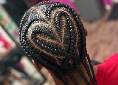 Intricate heart-shaped braids at GoldPosh Beauty Parlour, Bridgetown, Saint Michael, BB.