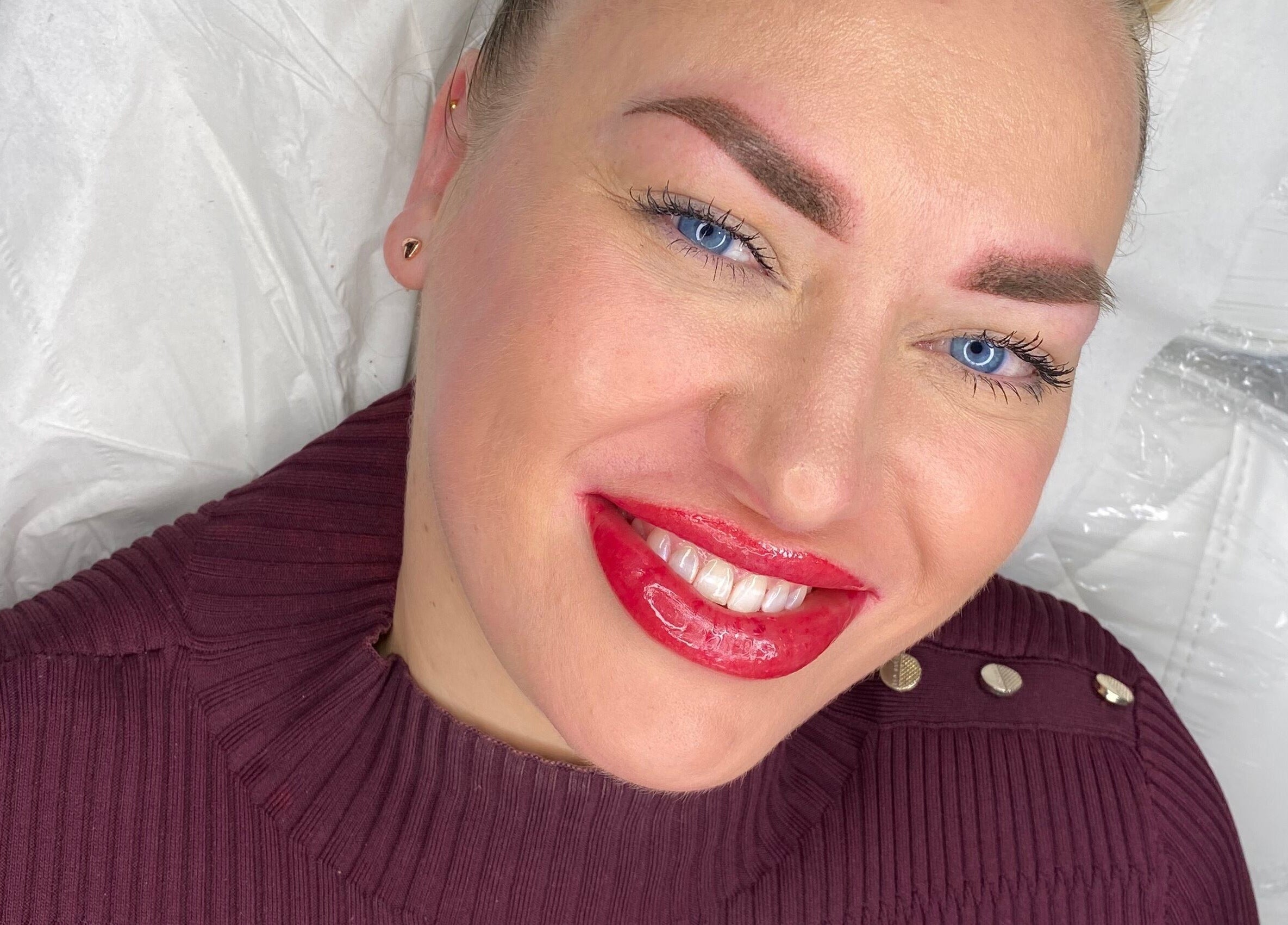 Happy client showcasing vibrant makeup at Beauty Box SPMU & Aesthetics Anna Tempska, Bingham, England, GB.