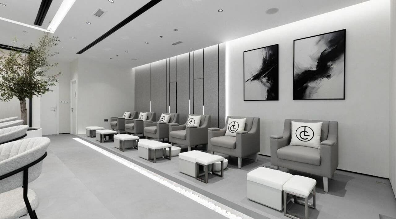 Modern waiting area at Le Ciel Dubai, Dubai, Dubai, AE. Features sleek seating and minimalist decor.