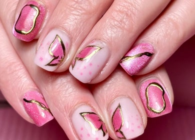Pink and gold nail art at Glam Body, Penrith, New South Wales, AU. Elegant manicure design.