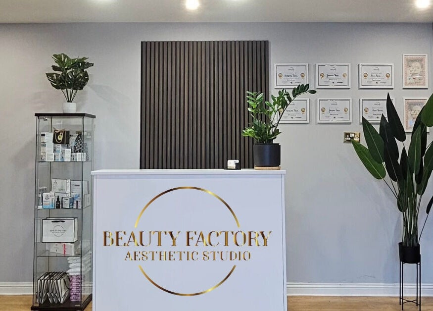 Reception area of Beauty Factory in Gaillimh, Galway, IE, showcasing a modern and welcoming design.