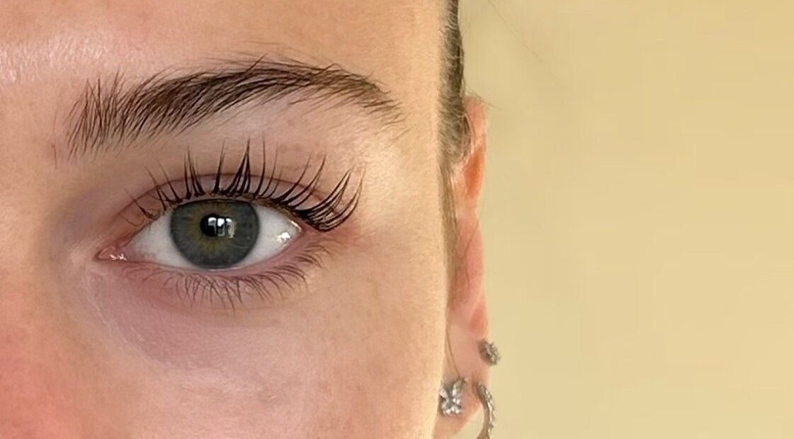 Close-up of eye with styled lashes at By Emma Alice - VICARS CROSS (at The Blossom Clinic), Chester, England, GB.