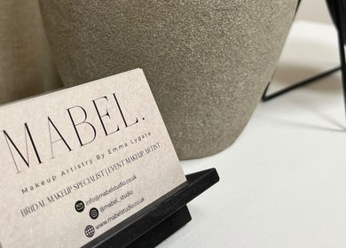 Mabel Studio business card in classy setup at Blantyre, Scotland, GB showcasing makeup artistry.