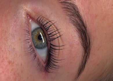 Close-up of enhanced eyelashes, showcasing beauty treatment at The Beauty Drop Norwich in Blofield, England, GB.