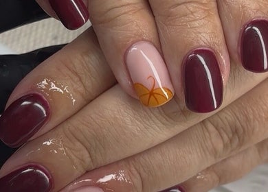 Elegant burgundy and autumn nail art at The Beauty Drop Norwich, Blofield, England, GB.