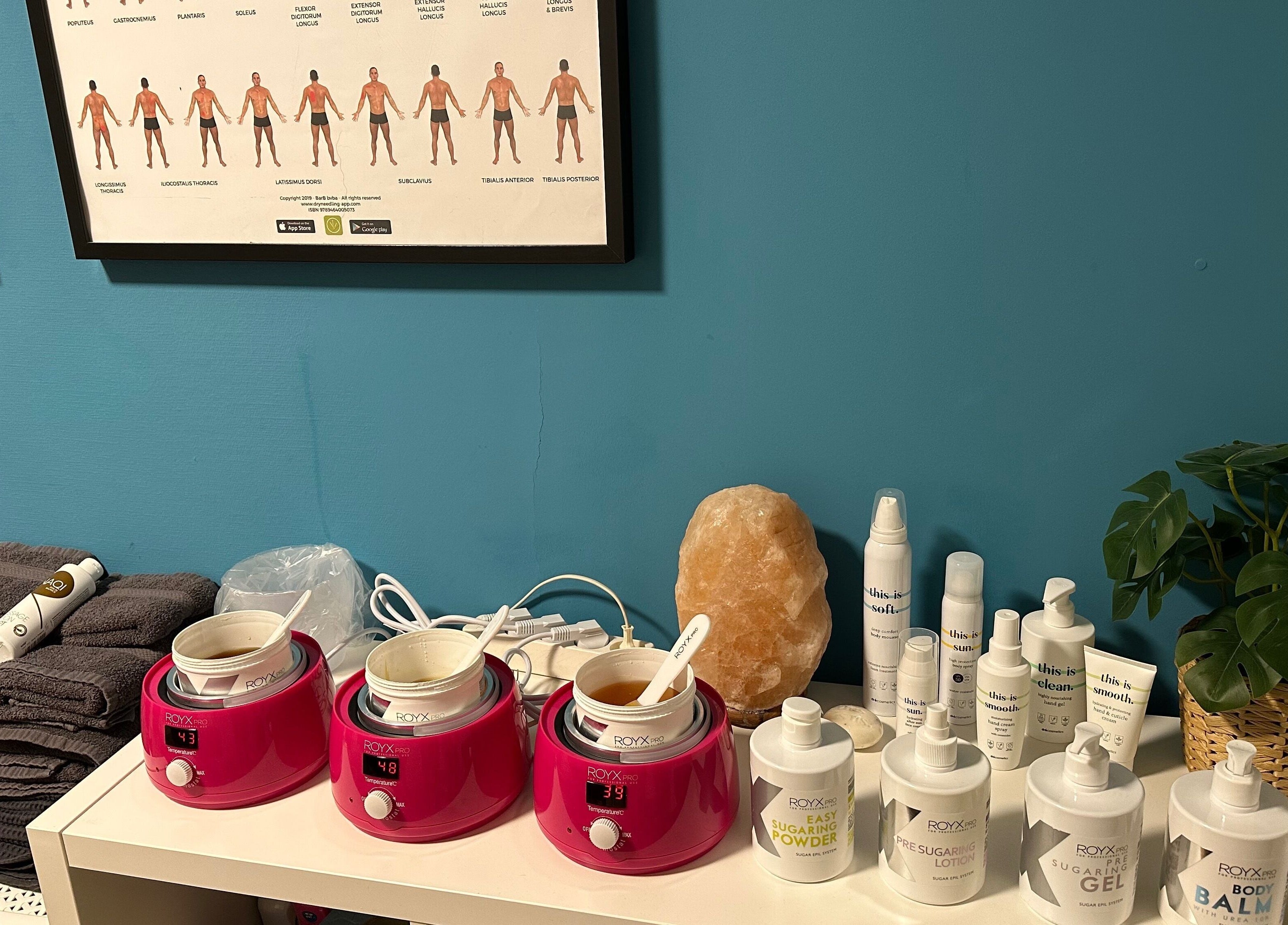 Waxbenodigdheden op werkblad bij BodyCare Dimitri, Sint-niklaas, Vlaams Gewest, BE.