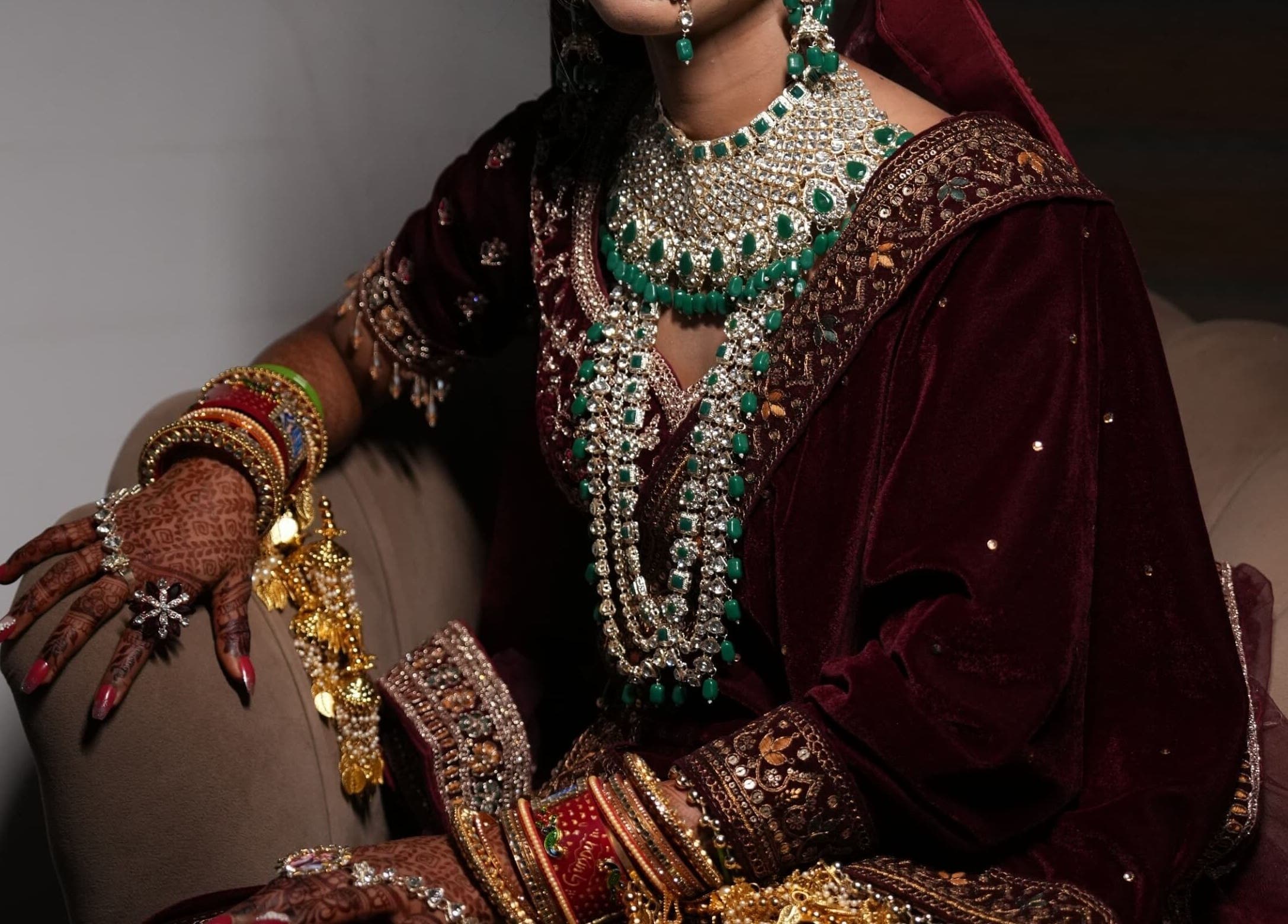 Ornate bridal jewelry seen at Geet Salon Professional (for Ladies), Noida, Uttar Pradesh, IN.