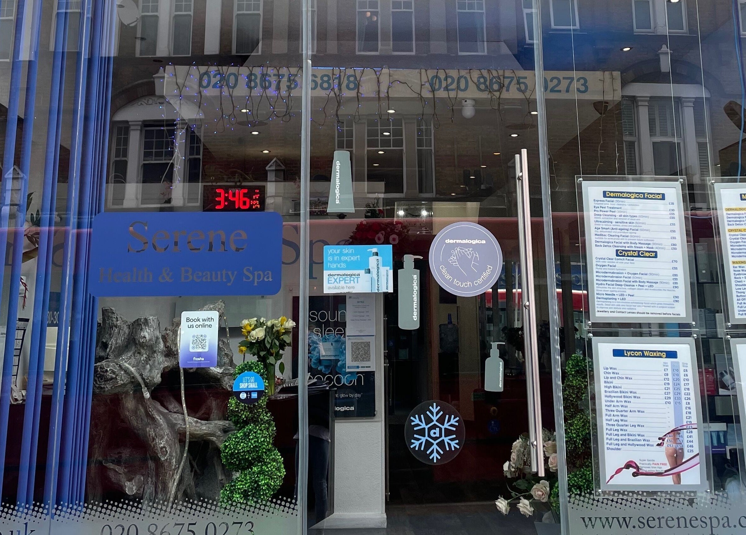 Front facade of Serene Spa London in London, England, GB showcasing services and tranquil decor.