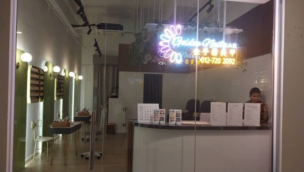 Entrance of Golden Nail Bar in Subang Jaya, Selangor, MY, showcasing modern decor and inviting atmosphere.