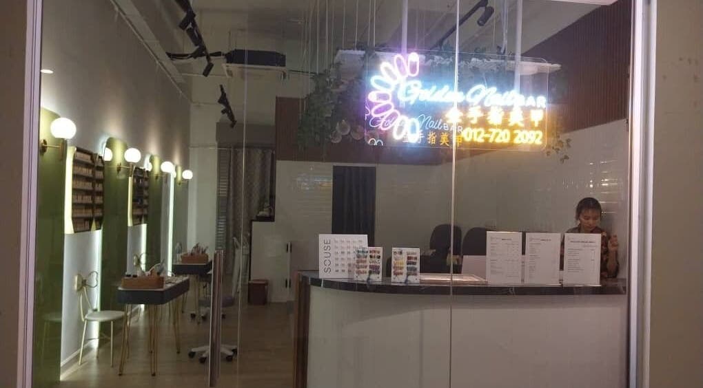 Entrance of Golden Nail Bar in Subang Jaya, Selangor, MY, showcasing modern decor and inviting atmosphere.