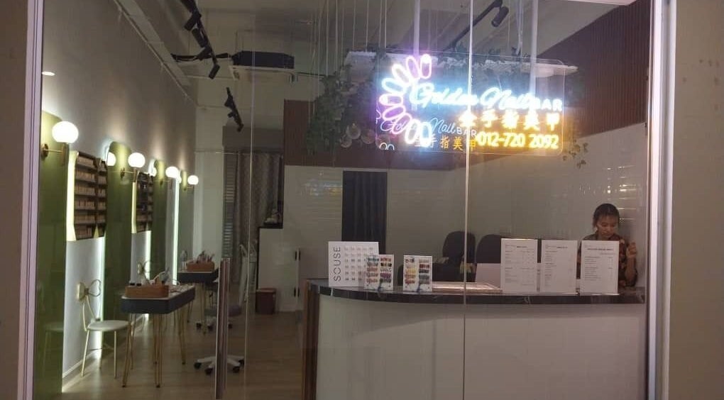 Entrance of Golden Nail Bar in Subang Jaya, Selangor, MY, showcasing modern decor and inviting atmosphere.