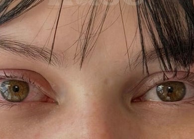 Close-up of beautifully shaped eyebrows and lashes at Nūse Aesthetics, Nottingham, England, GB.