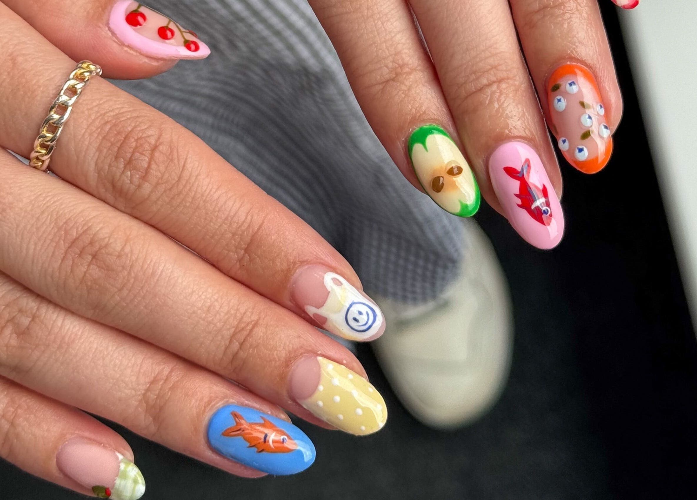 Colorful nail art at Griff's Gel Studio, Manchester, England, GB, showcasing unique, vibrant designs.