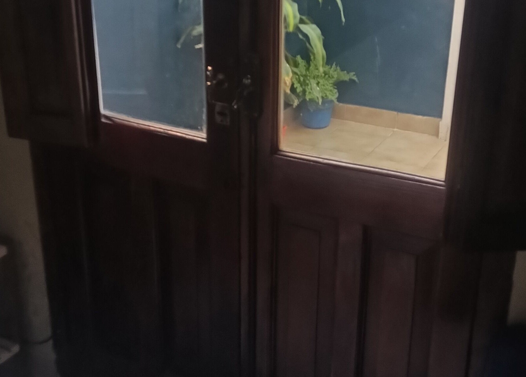 Entrada de madera con planta en Masajes NANDO y Basthian, Rosario, Santa Fe, AR.