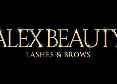 Alex Beauty logo with lashes and brows in Monifieth, Scotland, GB. Elegant black and gold design.