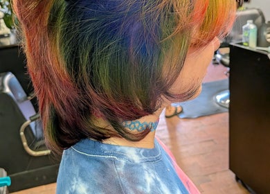Vibrant rainbow hair design at Snow White Fades and Pigment Studios, Emporia, Kansas, US.
