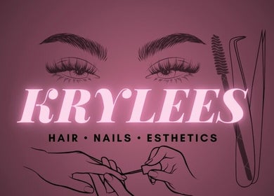 Krylees.Beautique logo in Toronto, Ontario, CA. Features eyes, beauty tools, and nails artfully arranged.