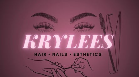 Krylees.Beautique logo in Toronto, Ontario, CA. Features eyes, beauty tools, and nails artfully arranged.