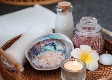 House of Sol spa essentials in a wicker tray, Christchurch, New Zealand, NZ.