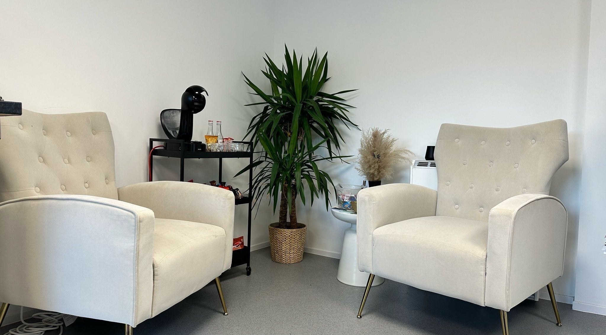 Elegant chairs and greenery create a relaxing space at Millzbeauty, High Wycombe, England, GB.