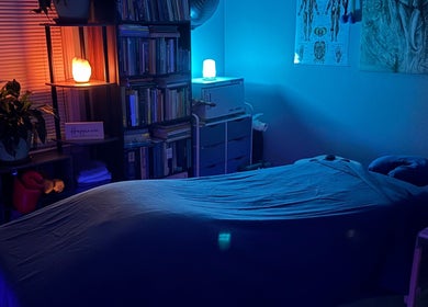 Tranquil therapy room at Black Oasis Luxury Mind and Body, Lithonia, GA, Georgia, US with soft ambient lighting.