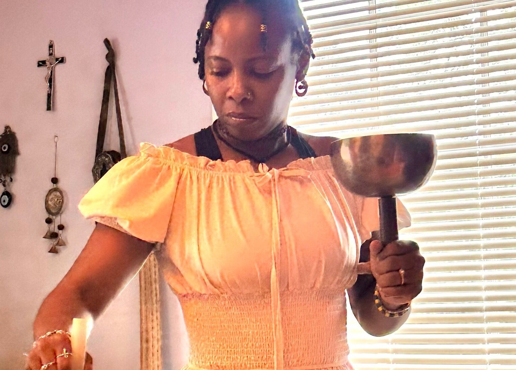 Relaxing ambiance at Black Oasis Luxury Mind & Body, Conyers, Georgia, US with sound bowl and spiritual decor.