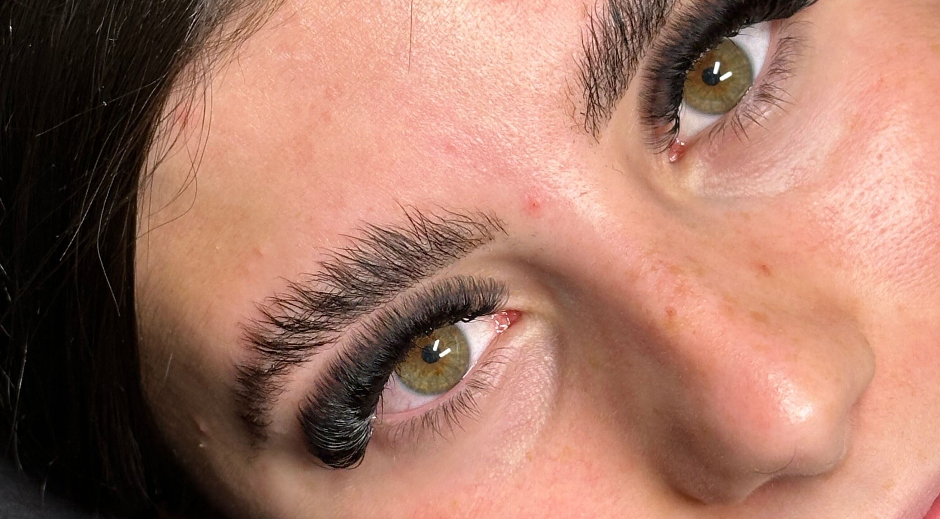 Close-up of expertly done eyelashes at Lashedbyval.x, Wellingborough, England, GB.