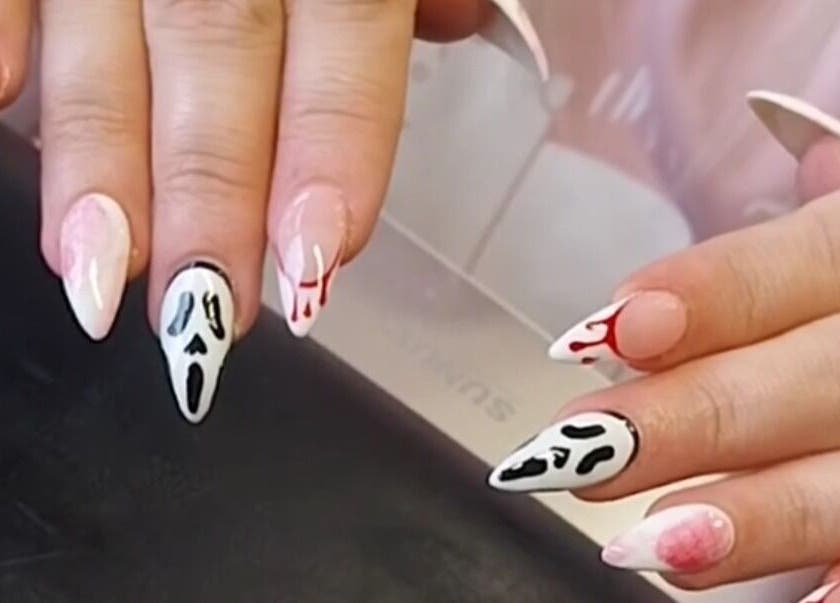 Unique Halloween-themed nail art at Pearlescent Nails, Birmingham, England, GB.