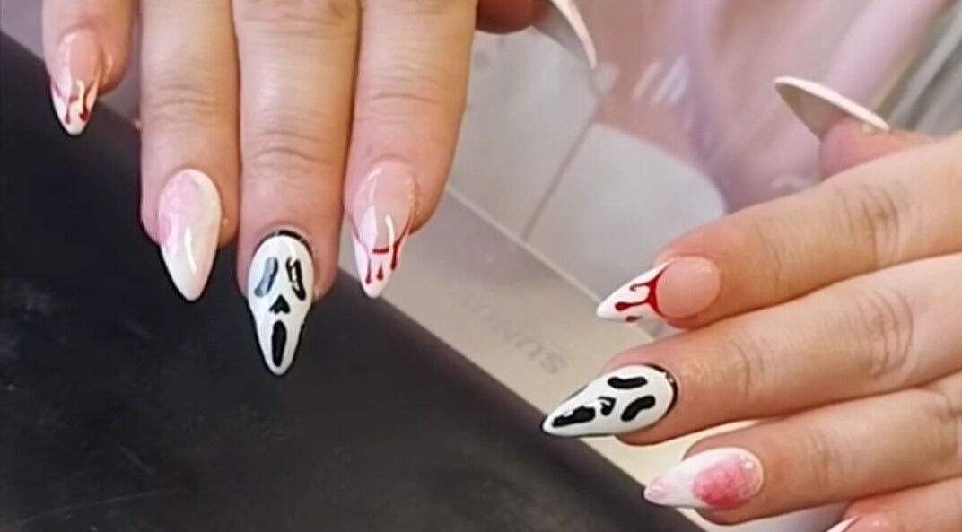 Unique Halloween-themed nail art at Pearlescent Nails, Birmingham, England, GB.