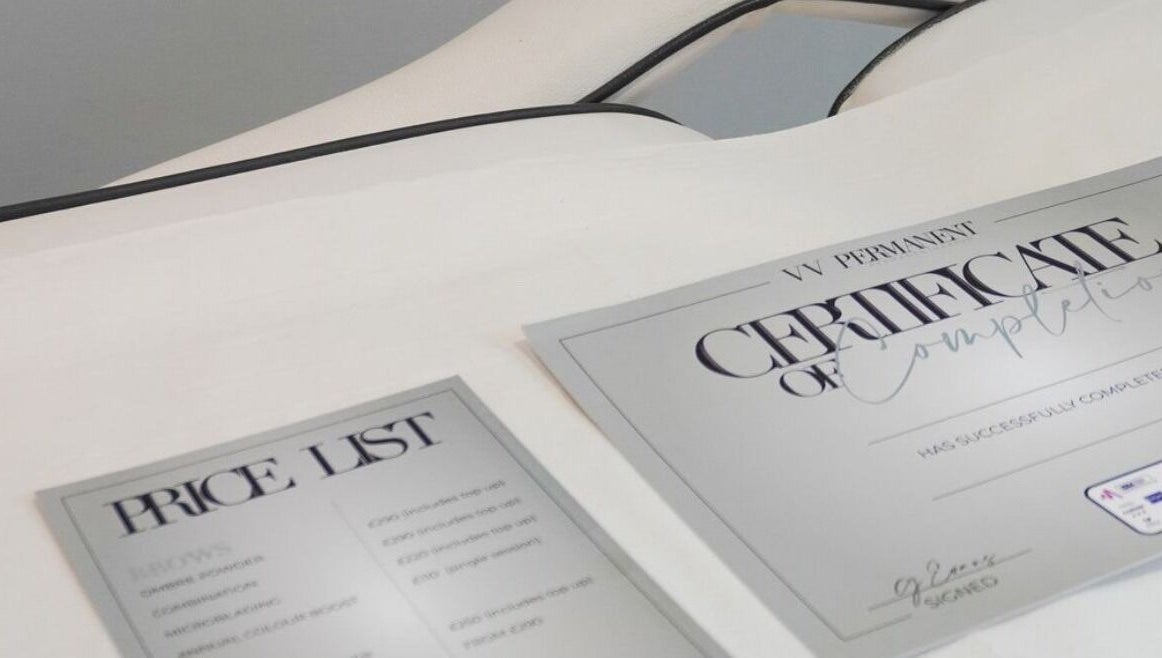 Price list and certificate at VV Permanent Make Up - Sidcup, showcasing services in Sidcup, England, GB.
