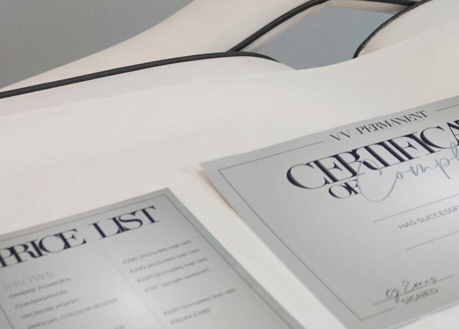 Price list and certificate at VV Permanent Make Up - Sidcup, showcasing services in Sidcup, England, GB.