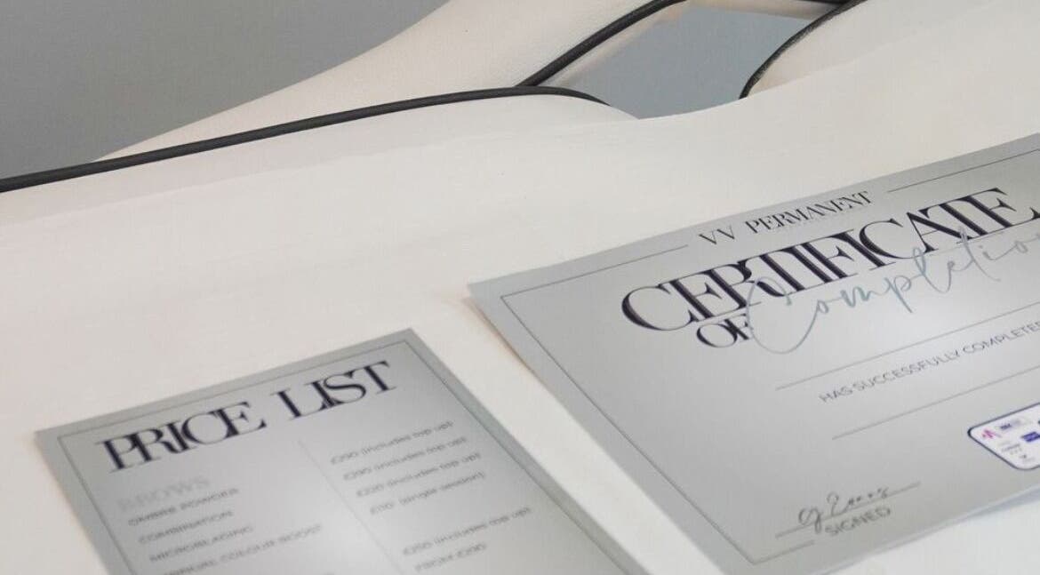 Price list and certificate at VV Permanent Make Up - Sidcup, showcasing services in Sidcup, England, GB.