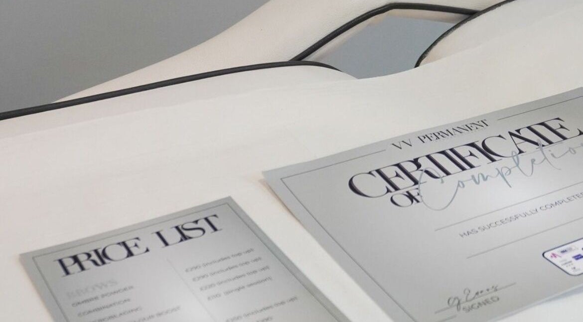 VV Permanent - Benfleet Essex certificate and price list in Benfleet, England, GB, showcasing beauty services.