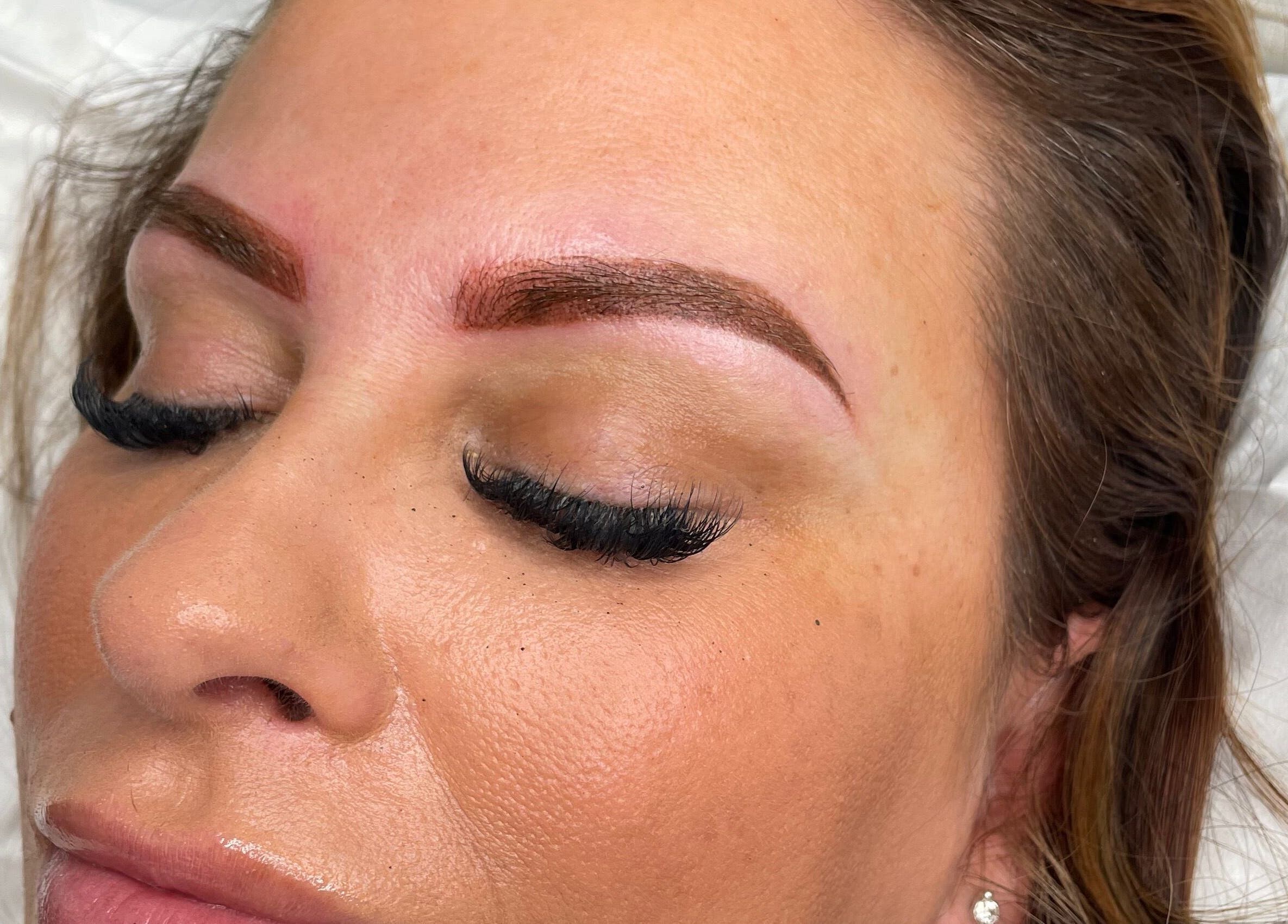 Close-up of a client's freshly styled eyebrows and lashes at Sians Bty Studio, Waterlooville, England, GB.