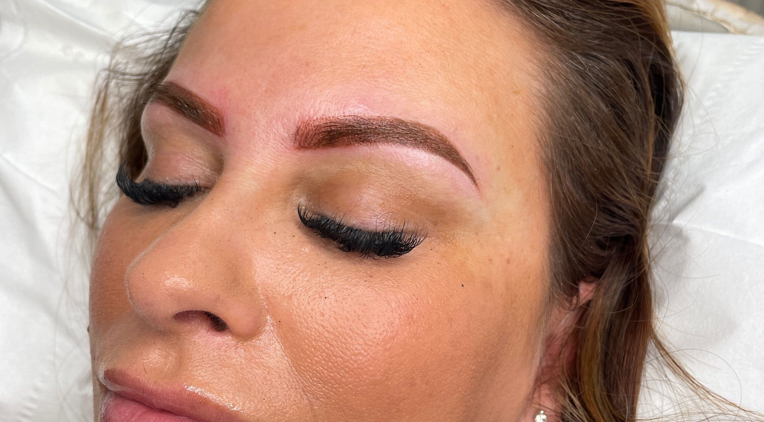 Close-up of a client's freshly styled eyebrows and lashes at Sians Bty Studio, Waterlooville, England, GB.