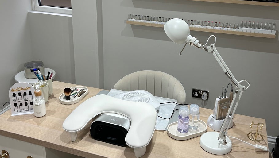 Elegant nail station at MD Nails, Bishop's Stortford, England, GB. Features tools and products for a premium experience.