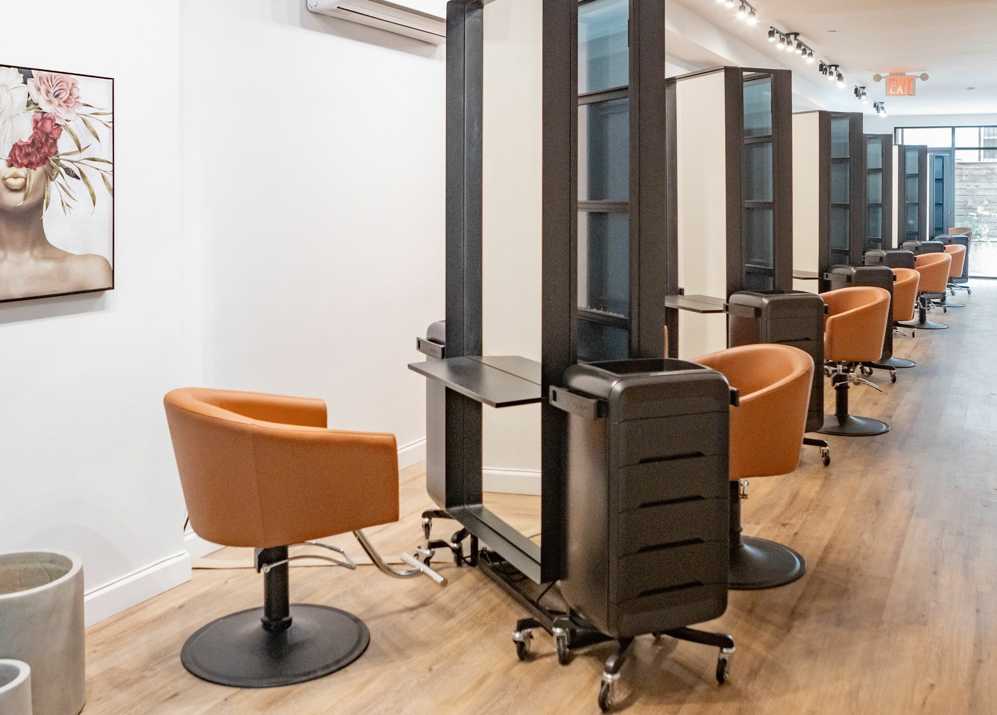 Elegant salon chairs and artwork at TASH BLAQUE, New York, New York, US, showcasing a modern beauty space.