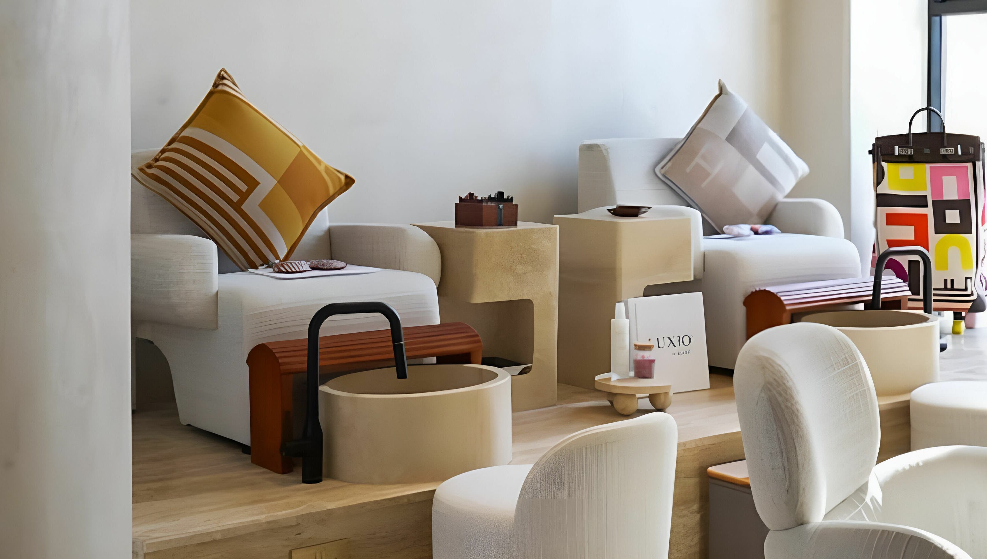 Relaxing pedicure lounge at GAARA SPA, Doha, Doha Municipality, QA featuring plush seating and foot baths.