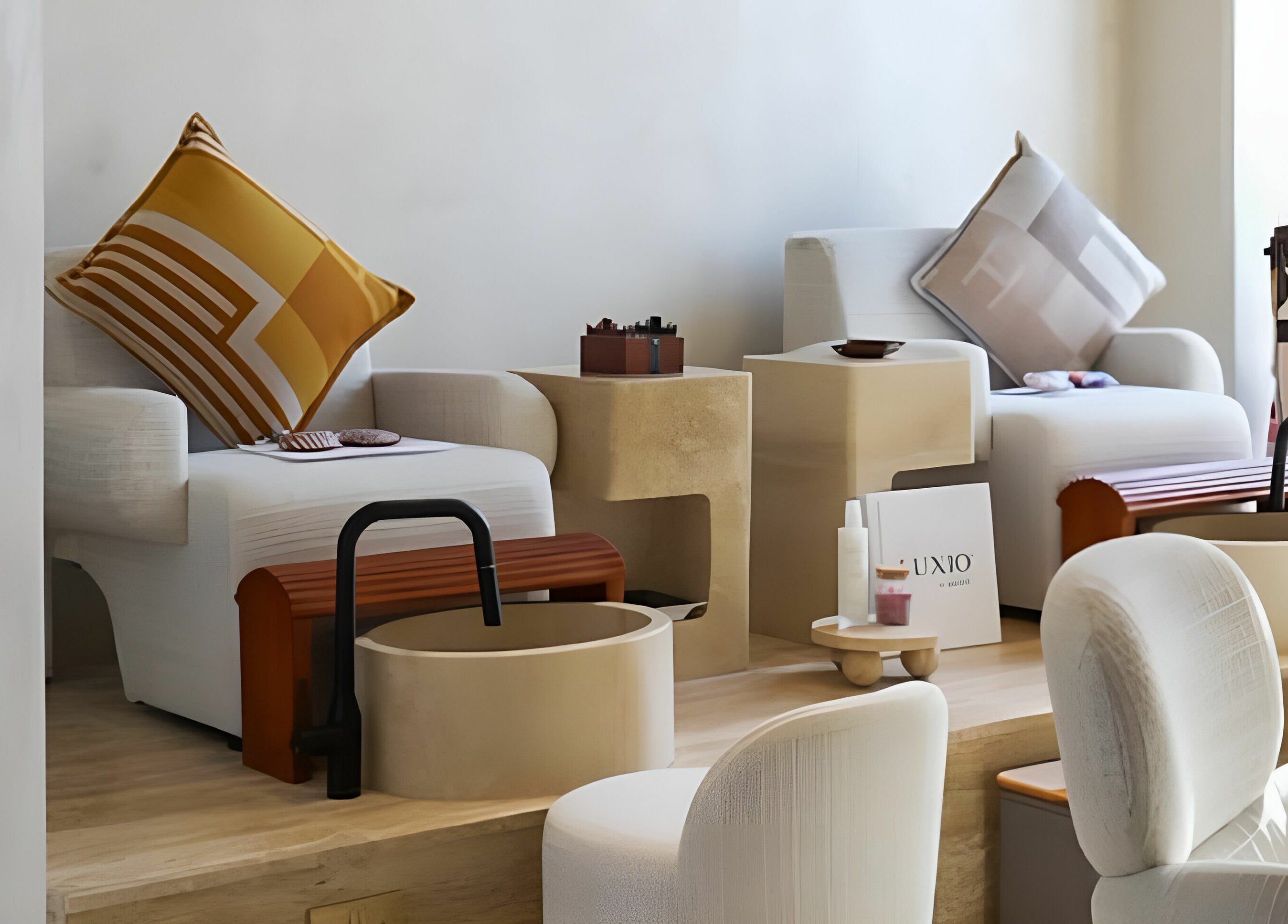 Relaxing pedicure lounge at GAARA SPA, Doha, Doha Municipality, QA featuring plush seating and foot baths.