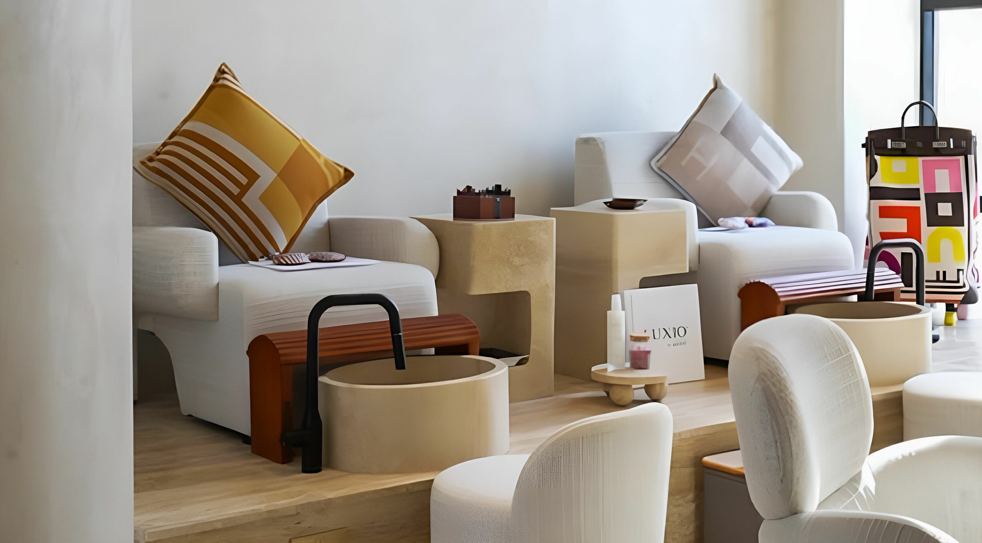 Relaxing pedicure lounge at GAARA SPA, Doha, Doha Municipality, QA featuring plush seating and foot baths.