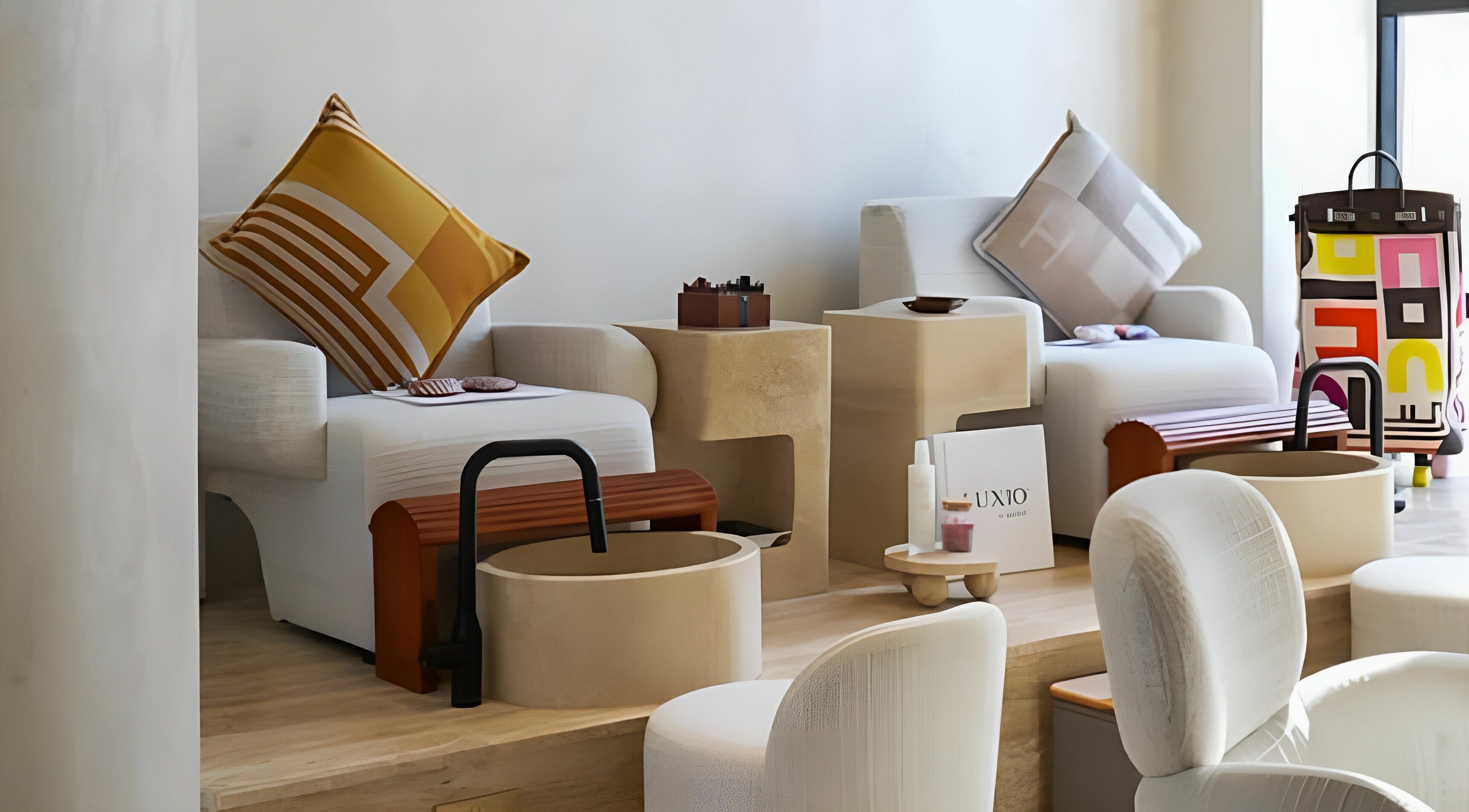 Relaxing pedicure lounge at GAARA SPA, Doha, Doha Municipality, QA featuring plush seating and foot baths.