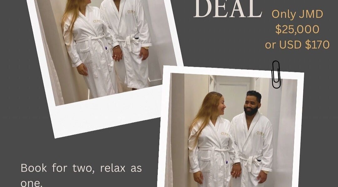 Couple in robes at Zurich Beauty and Spa, Montego Bay, St. James Parish, JM enjoying a special offer.