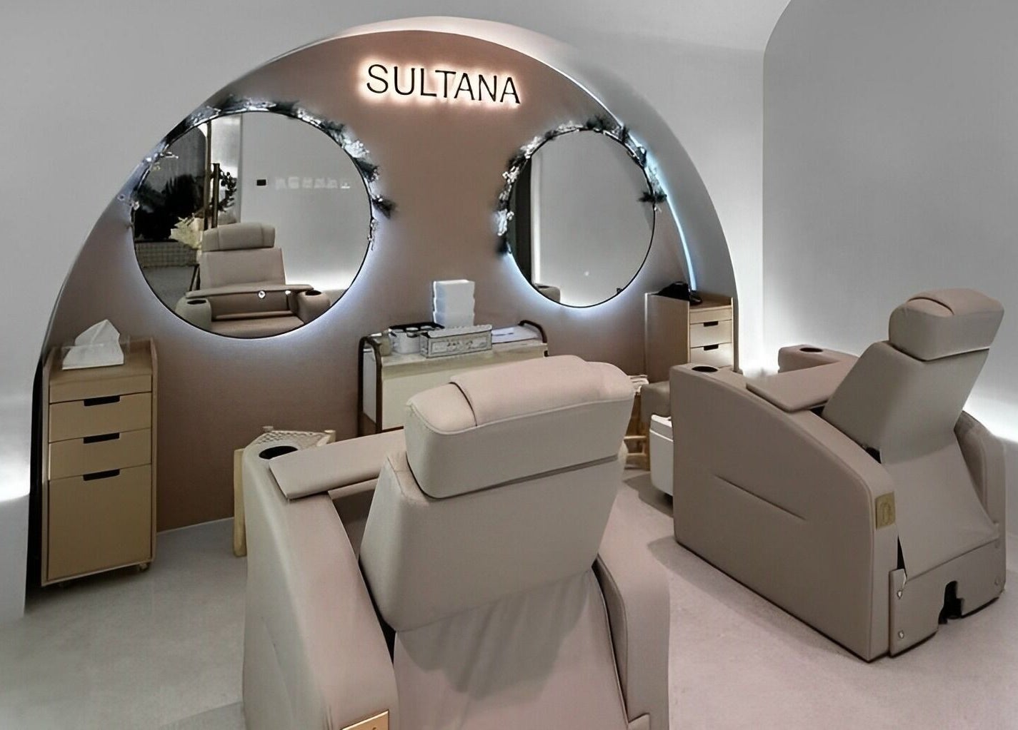 Luxurious treatment chairs at Sultana Spa LLC in Dubai, AE, showcasing modern, relaxing ambiance.
