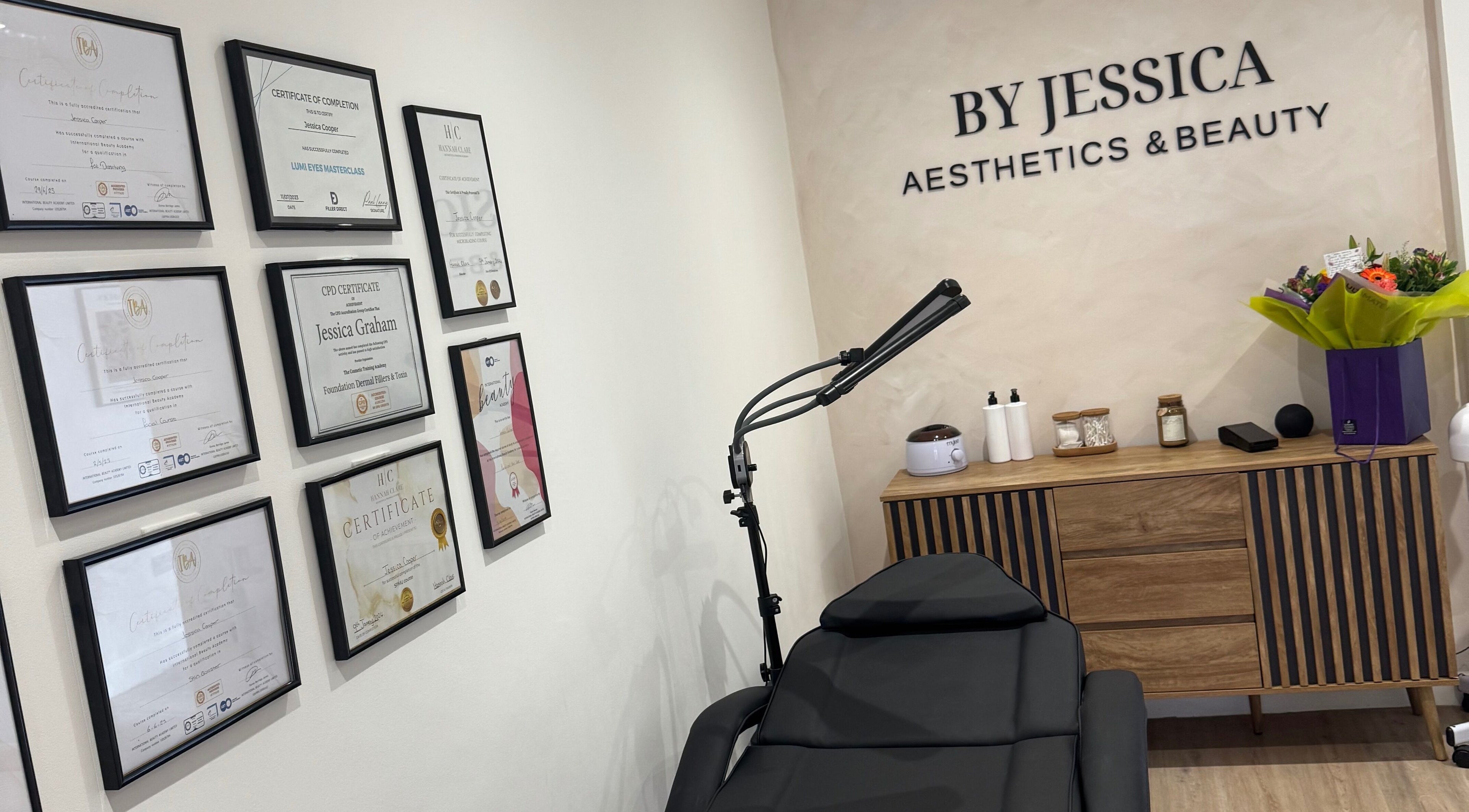 Certificates displayed on wall at By Jessica Aesthetics and Beauty, Bishop Auckland, England, GB.