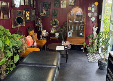 Inviting interior of Pin Cushion Piercing in Buckland, Waikato, NZ, featuring vintage decor and vibrant plants.