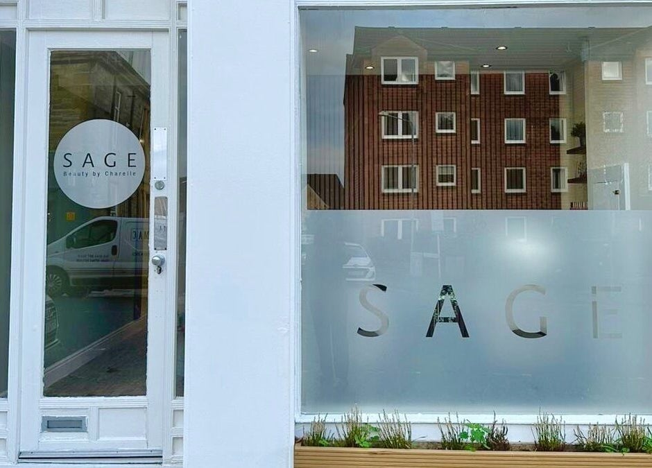 Front entrance of Sage Beauty By Charelle in Kilmacolm, Scotland, GB with stylish window design.