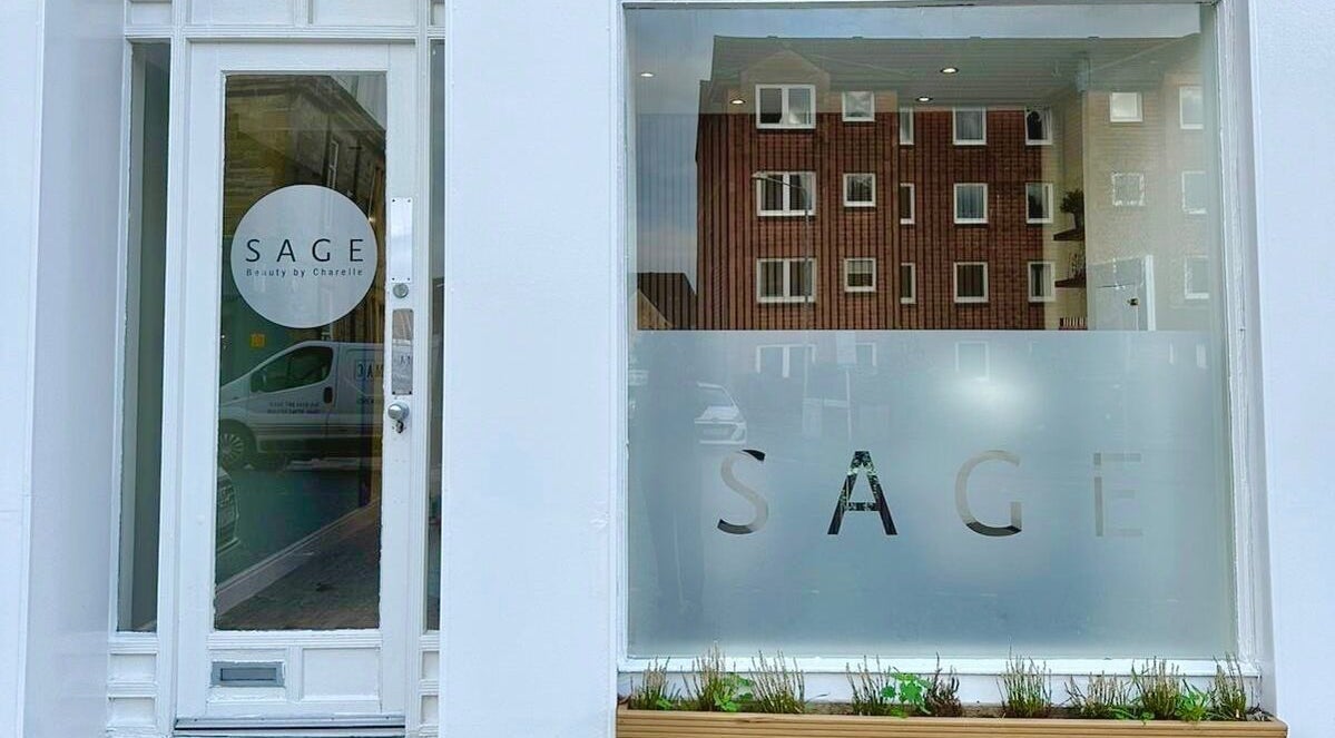Front entrance of Sage Beauty By Charelle in Kilmacolm, Scotland, GB with stylish window design.