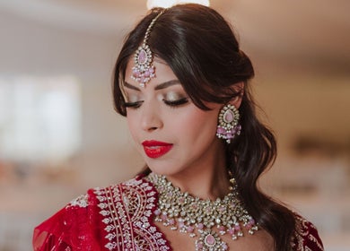 Elegant bridal makeup with intricate jewelry at Makeup by Elisha Simon, Northampton, England, GB.