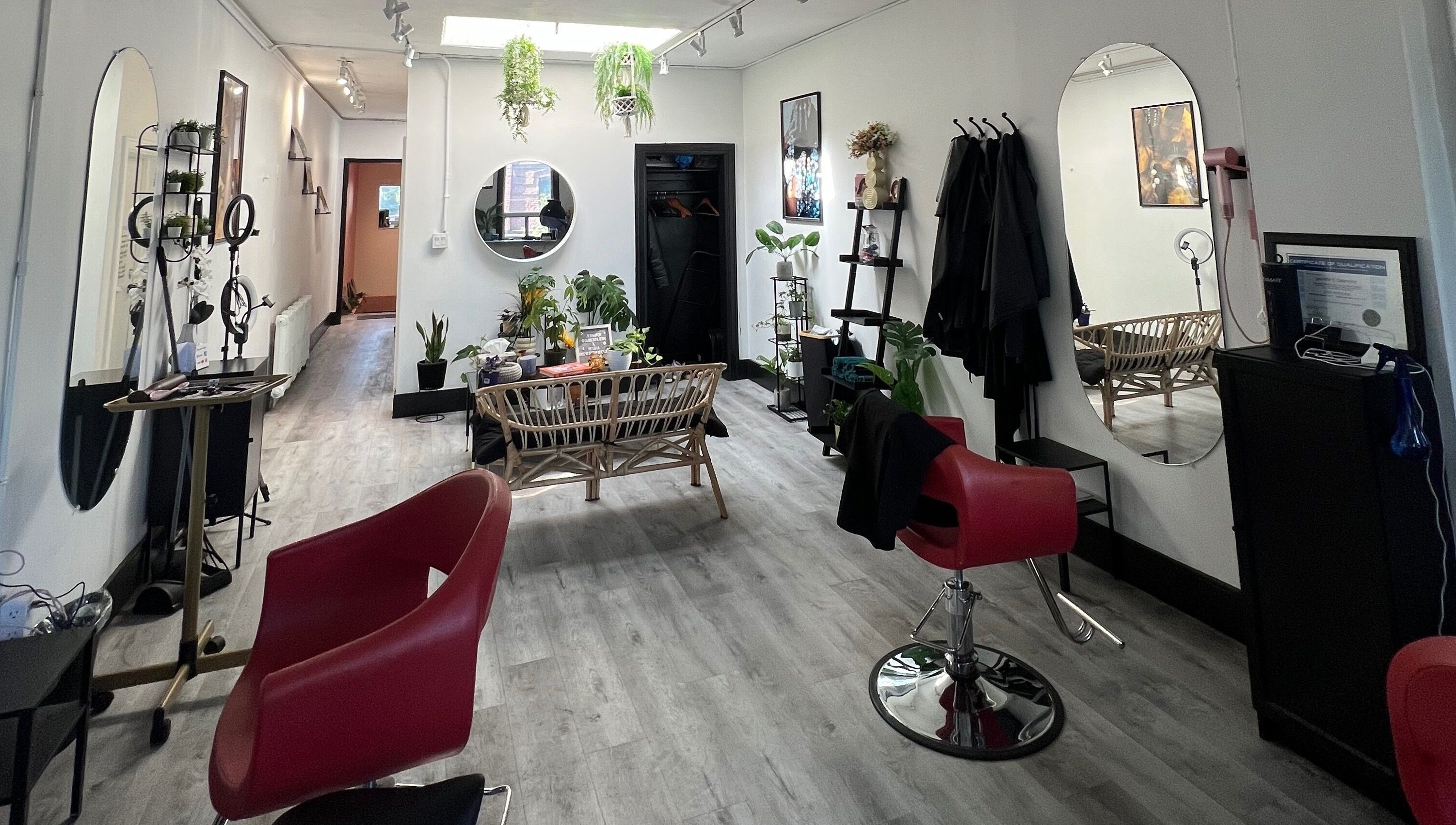 Modern salon interior at Curls by Jenn, Toronto, Ontario, CA, with stylish decor and vibrant plants.