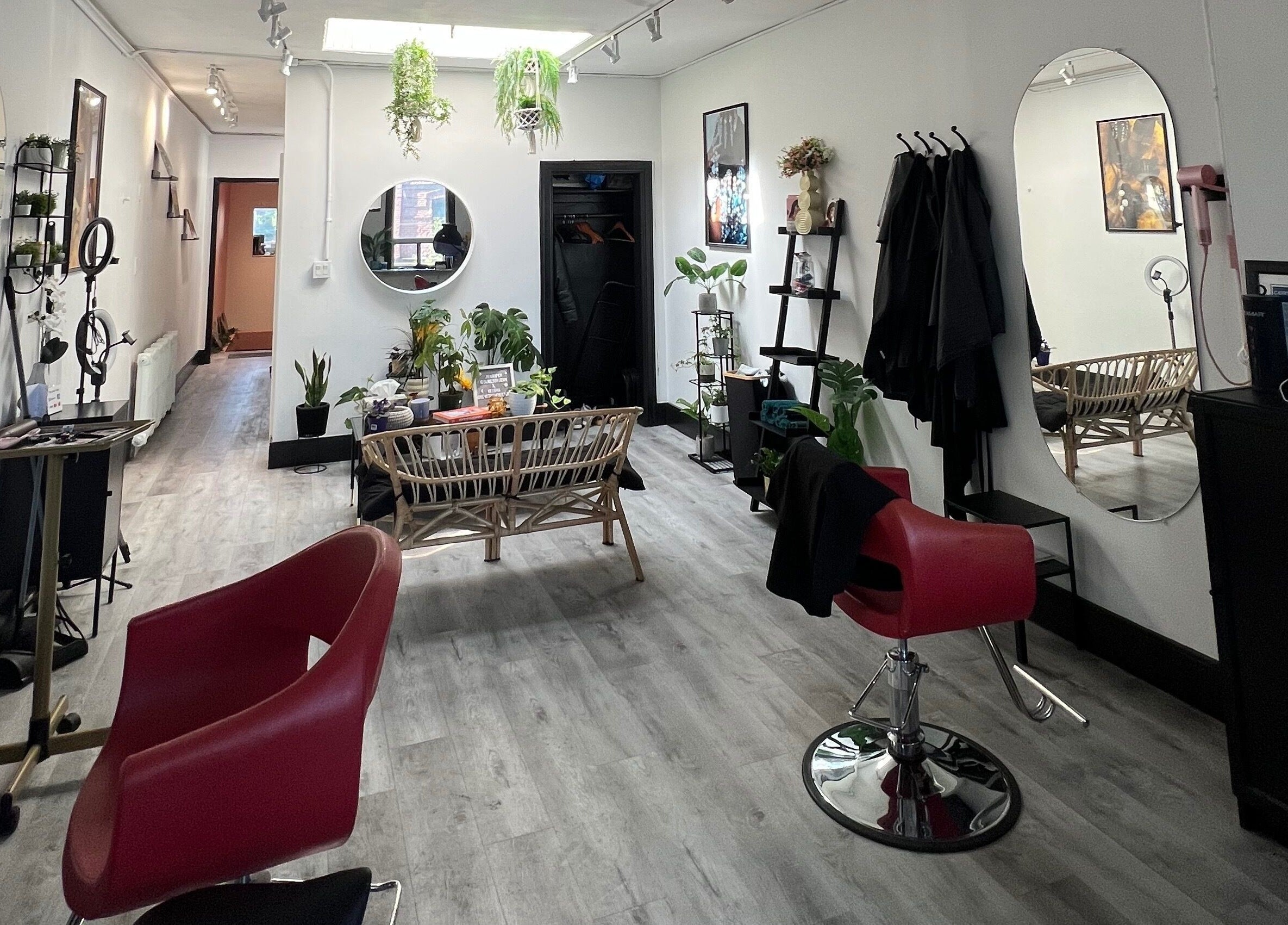 Modern salon interior at Curls by Jenn, Toronto, Ontario, CA, with stylish decor and vibrant plants.